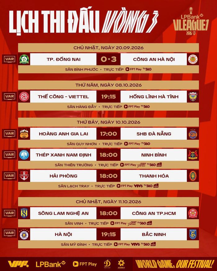 Lịch thi đấu vòng 3 V.League 2026/27. Ảnh: VPF.