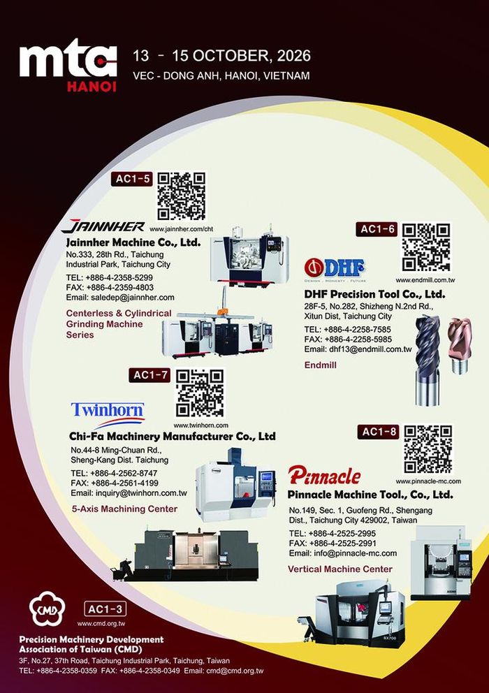 8 doanh nghiệp sản xuất máy công cụ và linh kiện của Đài Loan (Trung Quốc), với tổng cộng 10 gian hàng sẽ tham gia MTA Hanoi 2026.