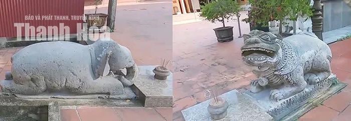 Đôi linh vật voi đá và sư tử đá được tạo tác bằng đá nguyên khối, là những dấu tích quý của chùa Du Anh thời Trần.