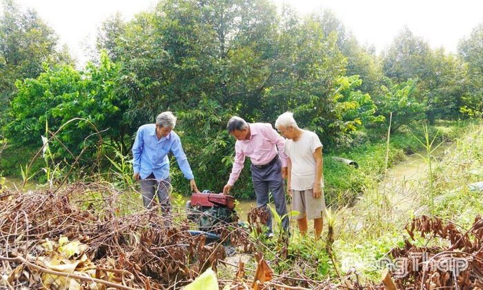 Ông Võ Văn Lộc ngụ xã Phong Hòa bố trí hệ thống máy bơm để chủ động trước triều cường dâng cao nhằm bảo vệ diện tích sầu riêng.