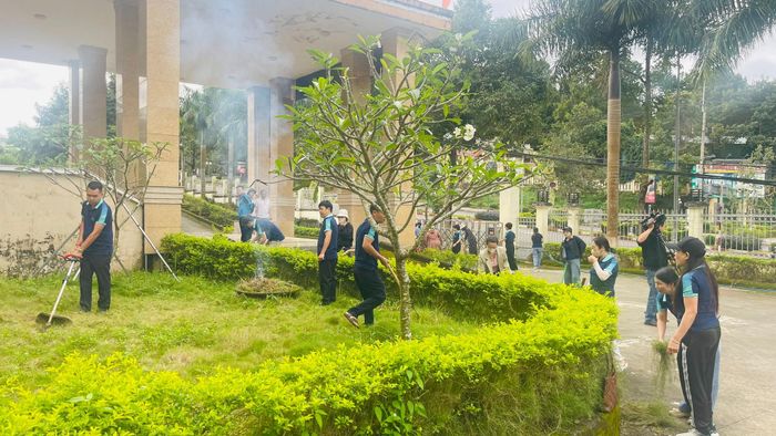 Cán bộ, viên chức, người lao động Báo và Phát thanh, Truyền hình Lâm Đồng cơ sở Bắc Gia Nghĩa ra quân dọn dẹp, vệ sinh khuôn viên cơ quan