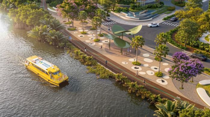 Phối cảnh một góc công viên và đường chạy bộ ven sông tại khu đô thị Palm City.