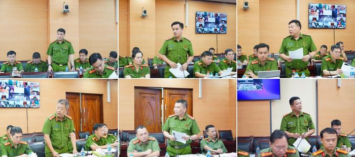 Đại diện chỉ huy Công an các phường, xã báo cáo, trao đổi về tiến độ thực hiện nhiệm vụ, chỉ tiêu được giao.
