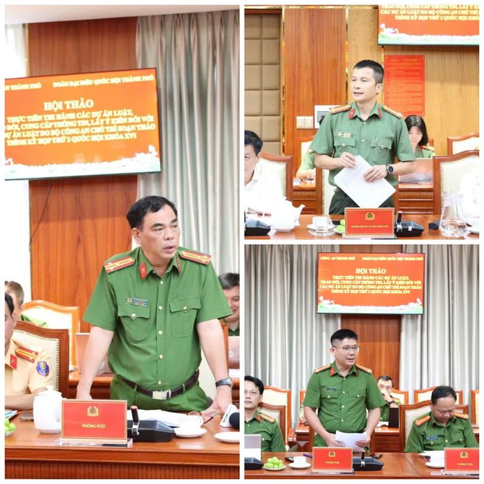 Đại diện các phòng nghiệp vụ Công an TP Hồ Chí Minh tham luận, đóng góp ý kiến.