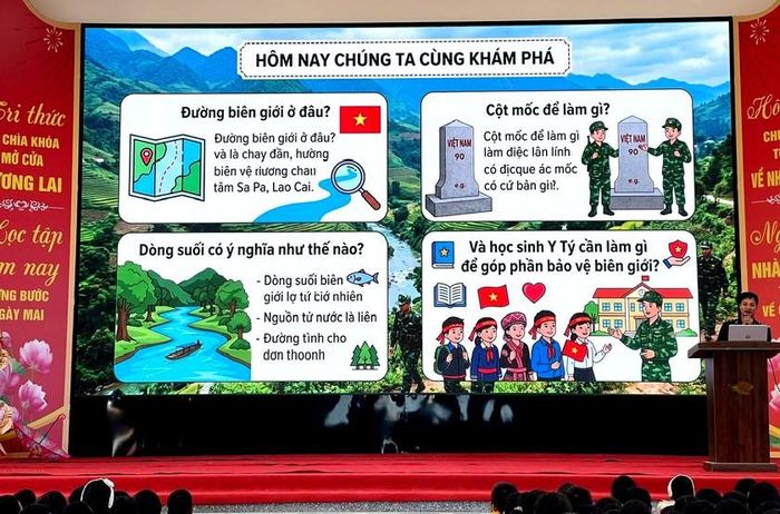 Qua những câu chuyện thực tế về công tác tuần tra, bảo vệ biên giới của các chiến sĩ quân hàm xanh, các em hiểu sâu sắc hơn về vị trí, ý nghĩa của những cột mốc biên giới quốc gia ngay trên chính quê hương mình. Ảnh: Trọng Mạch