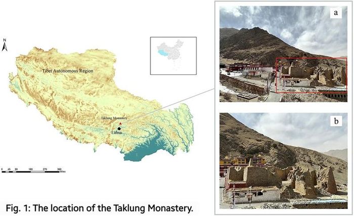 Tu viện Taklung và khu ChoKhang Marbo, nơi phát hiện hai mảnh bản thảo. Nguồn: Fig.1, Chen et al. (2025).