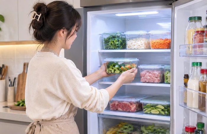 Thực phẩm được phân loại, đựng trong hộp kín và sắp xếp riêng biệt trong tủ lạnh để bảo quản tốt hơn.