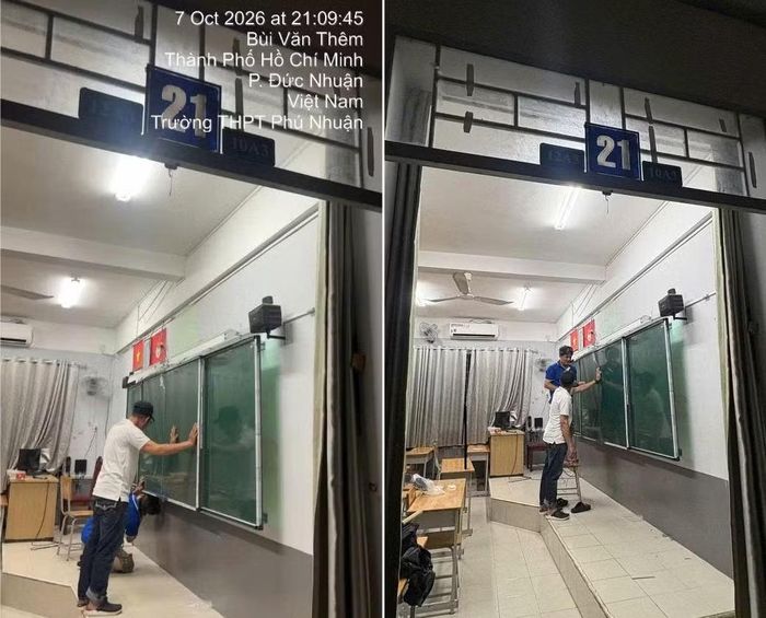 Việc lắp đặt bảng mới cho lớp 12A3 được hoàn tất vào tối 7/10. (Ảnh: NTCC)