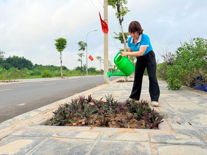 Người dân tưới nước, chăm sóc những cụm hoa mới trồng. Ảnh: Thanh Hà