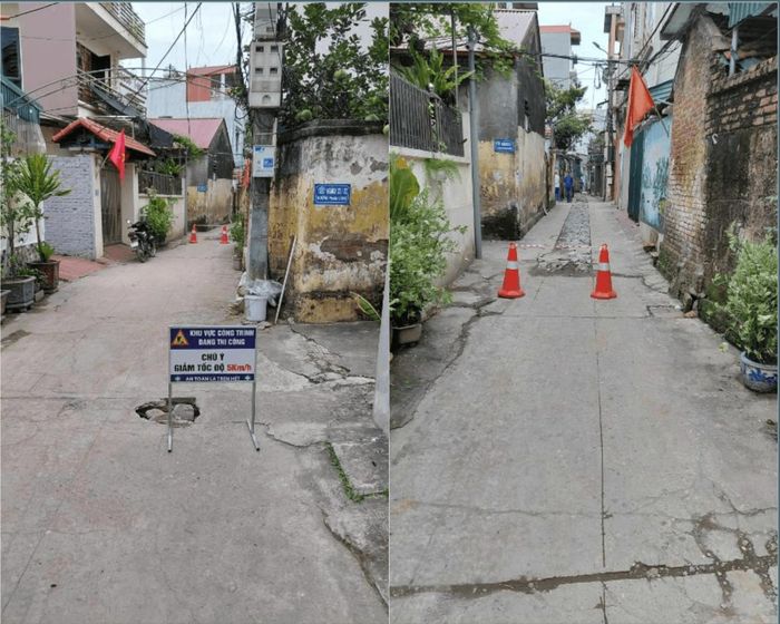 Một số khu vực đang thi công đã được bổ sung dây cảnh báo, biển báo và các biện pháp bảo đảm an toàn. Ảnh: HL