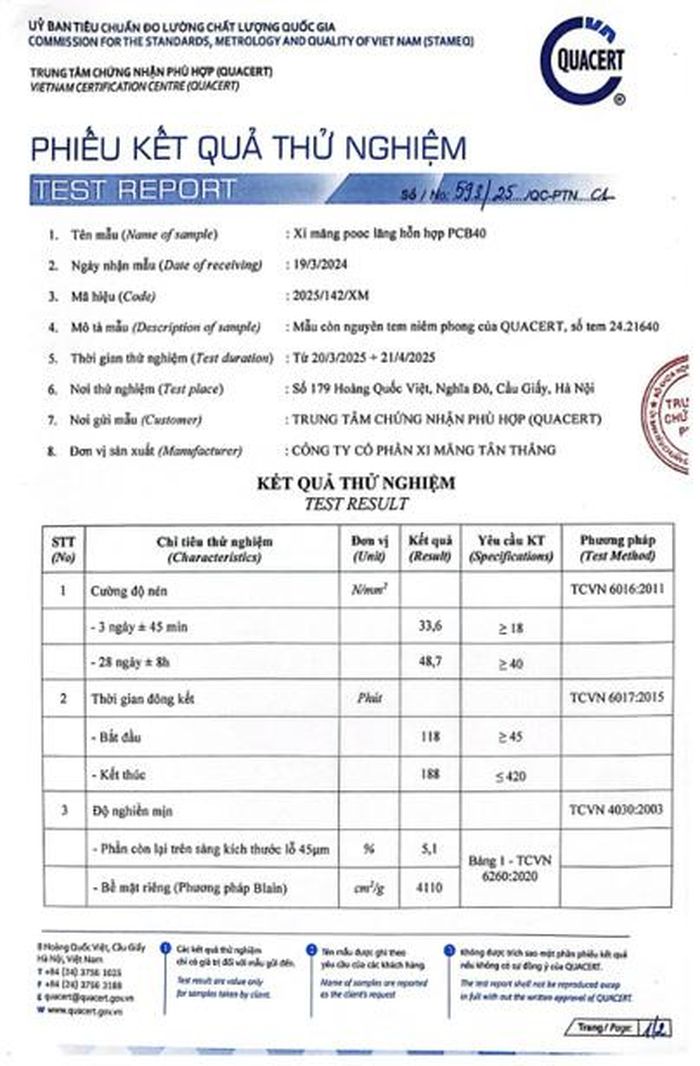 Kết quả kiểm định QUACERT cho xi măng Tân Thắng