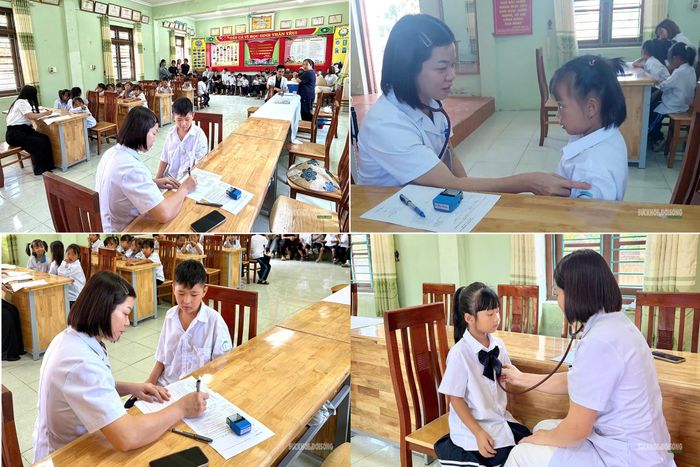 Khám sàng lọc, kiểm tra sức khỏe học sinh trước tiêm chủng. Ảnh: Trạm y tế xã Vĩnh Thực