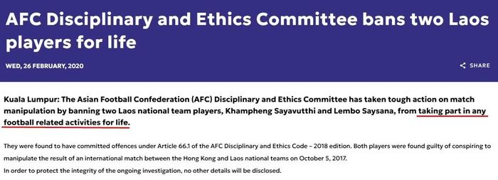 Thông báo của AFC hồi năm 2020 về việc cấm 2 cầu thủ Lào do có âm mưu dàn xếp kết quả trận đấu. (Ảnh chụp màn hình AFC).