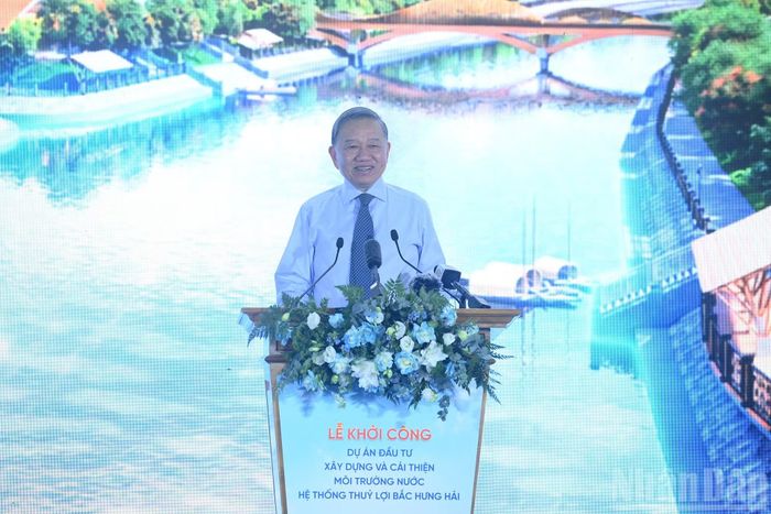 Tổng Bí thư, Chủ tịch nước Tô Lâm phát biểu tại Lễ khởi công Dự án đầu tư xây dựng và cải thiện môi trường nước hệ thống thủy lợi Bắc Hưng Hải.