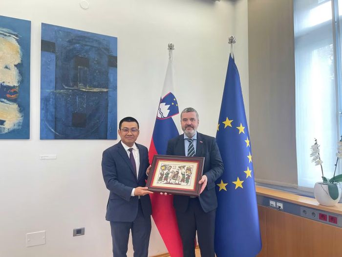Đại sứ Việt Nam tại Áo kiêm nhiệm Slovenia Vũ Lê Thái Hoàng và Bộ trưởng Ngoại giao Slovenia Tone Kajzer.
