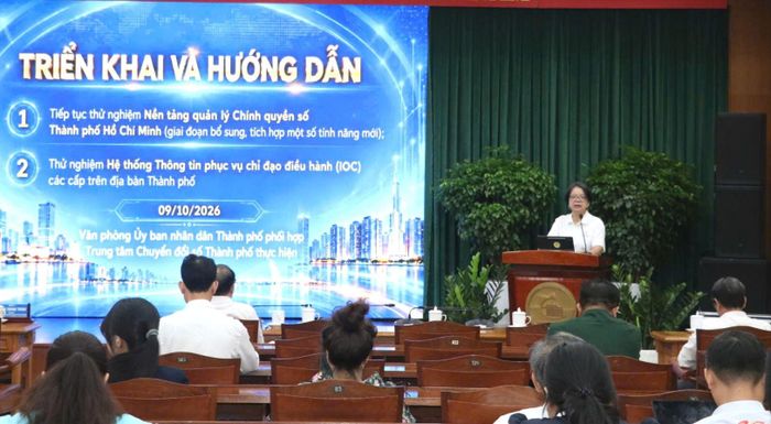  Giám đốc Trung tâm Chuyển đổi số TPHCM Võ Thị Trung Trinh phát biểu tại hội nghị 
