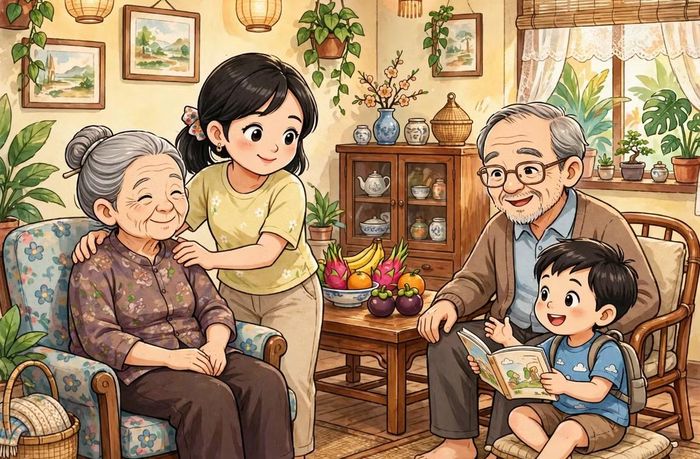 Có những lời rất đơn giản nhưng nhiều người cả đời không nói với cha mẹ: “Con cảm ơn bố mẹ”, “Con thương bố mẹ” hoặc “Bố mẹ đã vất vả nhiều rồi”. Ảnh: @Meta AI.
