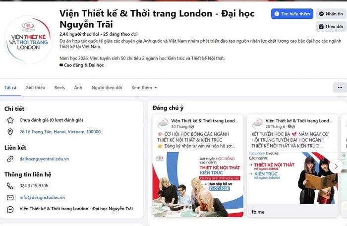 Sau khi nhận phản ánh từ báo Tiền Phong, fanpage thông tin tuyển sinh chương trình liên kết giữa LCDF và Trường Đại học Nguyễn Trãi đã không còn tồn tại. Ảnh: chụp từ màn hình.