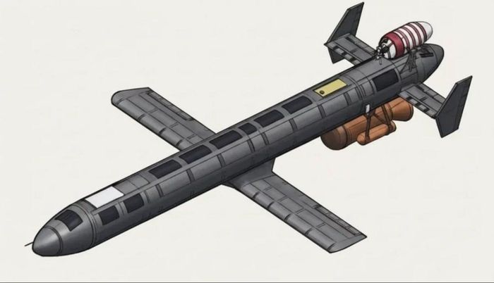 Sơ đồ nguyên lý của UAV tấn công tầm xa động cơ phản lực Geran-5 của Nga. Theo tình báo quân sự Ukraine, Nga đang sản xuất tới 500 UAV Geran-4 và Geran-5 mỗi tháng. Nguồn ảnh: Tình báo Quốc phòng Ukraine (GUR).