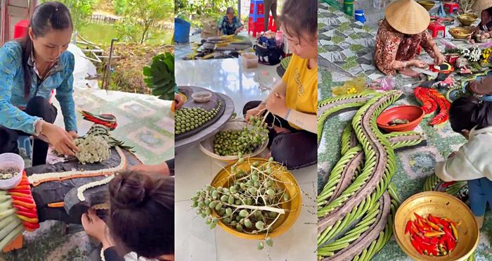 Vật liệu để làm cổng cưới truyền thống là các loại hoa trái quen thuộc của người miền Tây