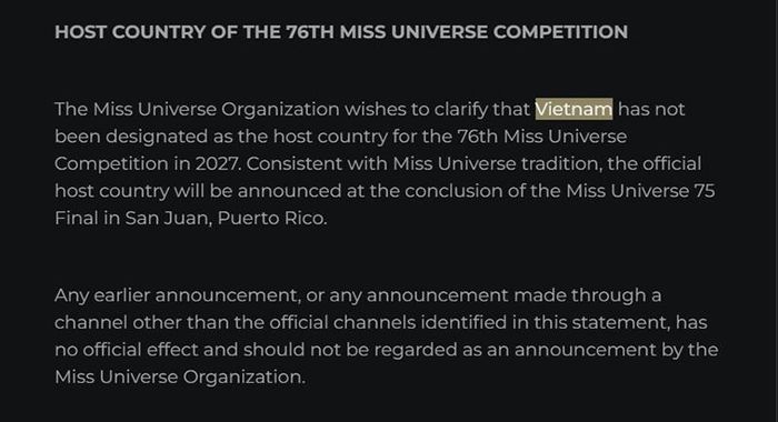 Thông báo trái ngược trên missuniverseorg.com.