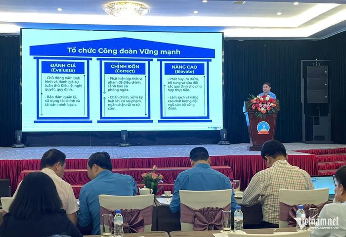 Ông Nguyễn Anh Thơ, Phó Chủ tịch Công đoàn KH&CN Việt Nam trình bày tại Hội nghị tập huấn với nội dung "Quy định về kiểm tra, giám sát công đoàn". Ảnh: Hoàng Hiệp