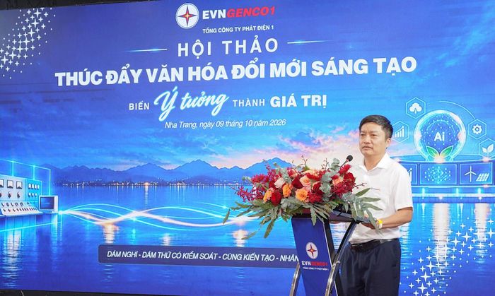 Ông Nguyễn Tiến Khoa, Chủ tịch HĐTV EVNGENCO1 phát biểu khai mạc Hội thảo, nhấn mạnh vai trò của đổi mới sáng tạo trong vận hành và quản trị