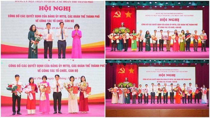  Lãnh đạo Đảng ủy MTTQ và các đoàn thể TP Hải Phòng trao quyết định, tặng hoa chúc mừng các đơn vị và cán bộ được kiện toàn. Ảnh: ĐT