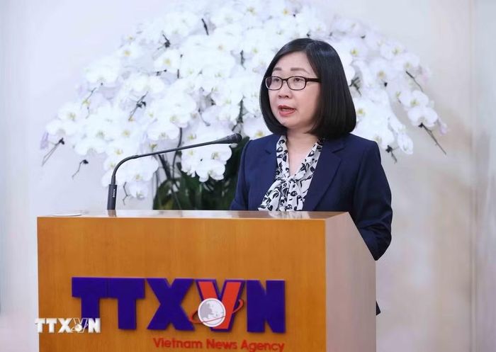 Đồng chí Đoàn Thị Tuyết Nhung, Phó Tổng Giám đốc Thông tấn xã Việt Nam phát biểu. (Ảnh: An Đăng/TTXVN)