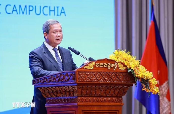 Thủ tướng Campuchia Hun Manet phát biểu tại Diễn đàn Doanh nghiệp Việt Nam-Campuchia 2026. (Ảnh: Dương Giang/TTXVN)