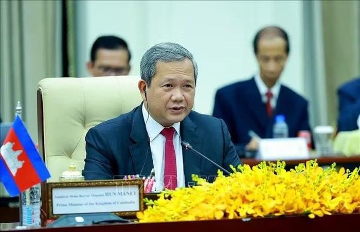 Thủ tướng Campuchia Hun Manet phát biểu tại cuộc hội đàm với Thủ tướng Lê Minh Hưng. Ảnh: Dương Giang /TTXVN