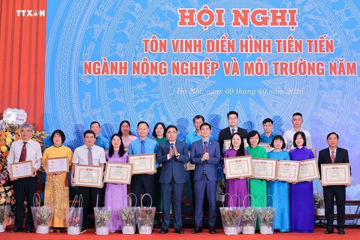 Đồng chí Nguyễn Quốc Trị, Uỷ viên Ban Thường vụ Đảng uỷ, Thứ trưởng Bộ Nông nghiệp và Môi trường và Đồng chí Ngọ Duy Hiểu, Phó Chủ tịch Thường trực Tổng liên đoàn Lao động Việt Nam tặng bằng khen cho các cá nhân, tập thể có thành tích xuất sắc trong công tác phát triển đoàn viên, thành lập công đoàn cơ sở năm 2025 - 2026. Ảnh: Lê Đông /TTXVN