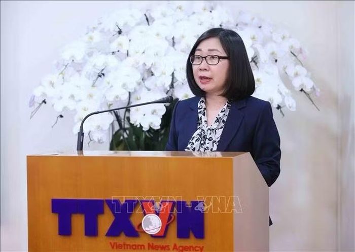 Đồng chí Đoàn Thị Tuyết Nhung, Phó Tổng Giám đốc Thông tấn xã Việt Nam phát biểu. Ảnh: An Đăng/TTXVN