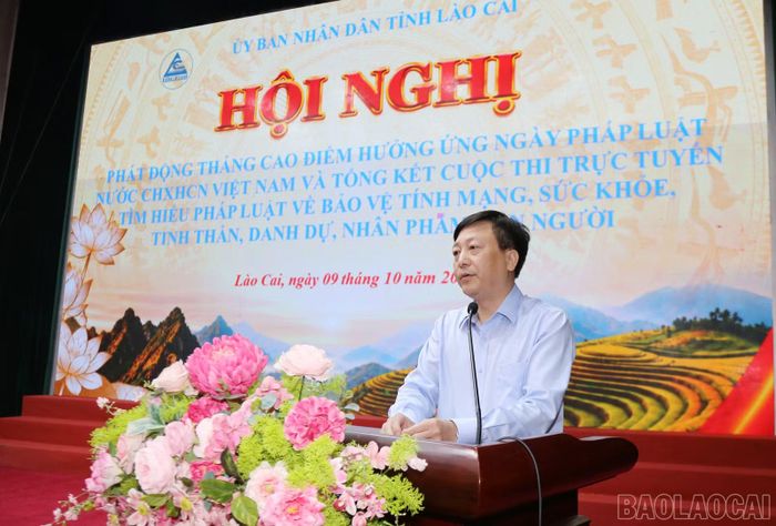 Đồng chí Đặng Đình Chung - Giám đốc Sở Tư pháp, Phó Chủ tịch Thường trực Hội đồng phối hợp phổ biến, giáo dục pháp luật tỉnh, phát động Tháng cao điểm hưởng ứng Ngày Pháp luật Việt Nam năm 2026 trên địa bàn tỉnh.