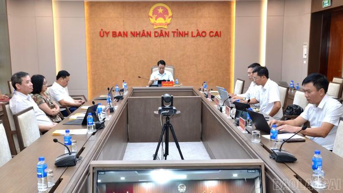 Lãnh đạo Sở Giáo dục và Đào tạo tỉnh Lào Cai cùng đại diện các sở, ngành liên quan dự hội nghị tại điểm cầu tỉnh Lào Cai.