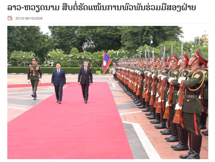 Ảnh chụp màn hình bài viết trên Pasaxon: Lễ đón chính thức trọng thể Thủ tướng Lê Minh Hưng tại Phủ Thủ tướng Lào ở thủ đô Vientiane