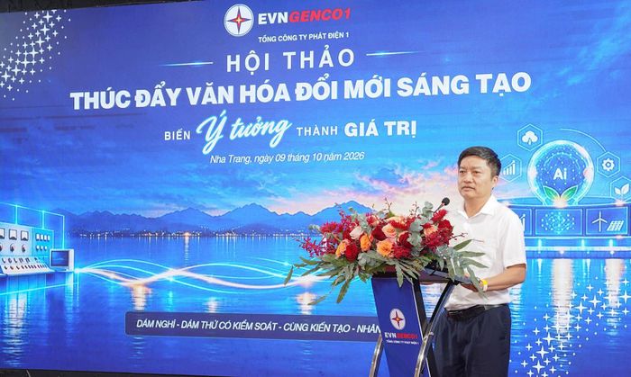 Chủ tịch Hội đồng thành viên EVNGENCO1, Trưởng ban Chỉ đạo khoa học công nghệ, đổi mới sáng tạo và chuyển đổi số Tổng công ty Nguyễn Tiến Khoa phát biểu. Ảnh: EVNGENCO1