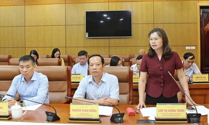 Phó Chủ tịch HĐND thành phố Lâm Thị Hương Thành phát biểu tại hội nghị. Ảnh: Mai Phương