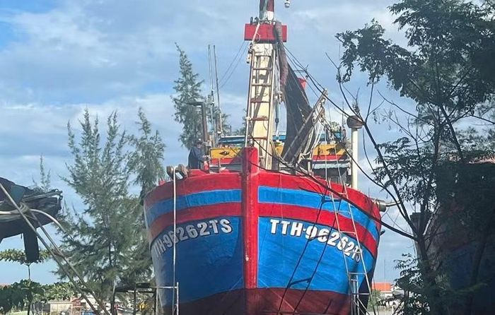 Tàu cá của ngư dân Trần Quy duy tu sau 2 chuyến ra khơi trúng đậm hải sản.