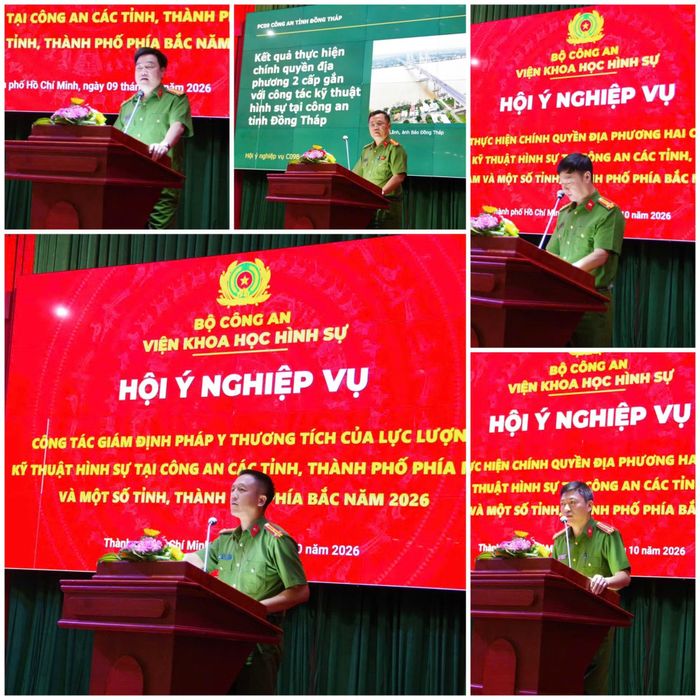 Đại diện Phòng Kỹ thuật hình sự Công an các tỉnh, thành trình bày tham luận, trao đổi, cùng các đơn vị chuyên môn Viện Khoa học hình sự giải đáp, hướng dẫn.