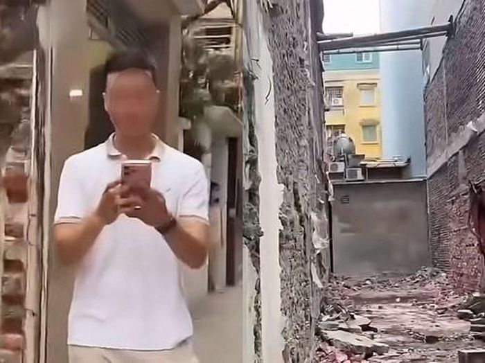 Hình ảnh người đàn ông được cho là chủ nhà và khu vực phá dỡ xong. Ảnh chụp màn hình.