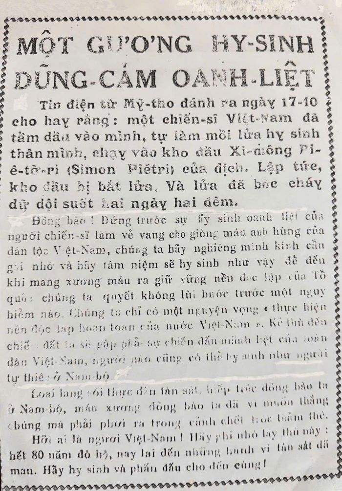 Bài báo Một gương hy sinh dũng cảm oanh liệt đăng trên báo Cứu quốc số ra ngày 19/10/1945