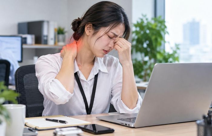 Ngồi lâu, cúi đầu hoặc giữ nguyên một tư thế trước máy tính trong nhiều giờ có thể khiến các cơ vùng cổ, vai và lưng bị căng, gây đau nhức, hạn chế vận động. (Ảnh minh hoạ)
