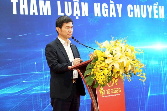 Phó Giám đốc Sở Khoa học và Công nghệ Hà Nội Nguyễn Anh Tuấn trình bày tham luận tại sự kiện. Ảnh: Phan Hoàn
