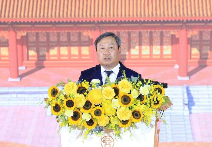 Phó Bí thư Thành ủy, Chủ tịch UBND thành phố Hà Nội Vũ Đại Thắng phát biểu tại Lễ khởi công dự án đầu tư bảo quản, tu bổ, phục hồi Điện Kính Thiên - Di tích Khu trung tâm Hoàng thành Thăng Long. Ảnh: Quang Thái