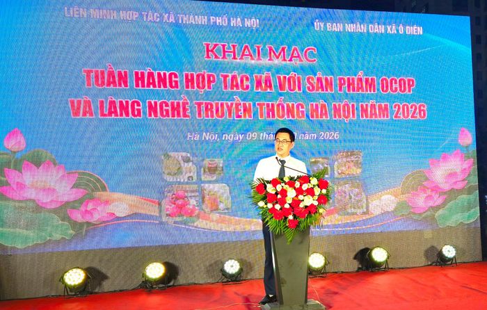 Trưởng phòng Kinh tế xã Ô Diên Tô Đức Giang phát biểu. Ảnh: Ánh Dương