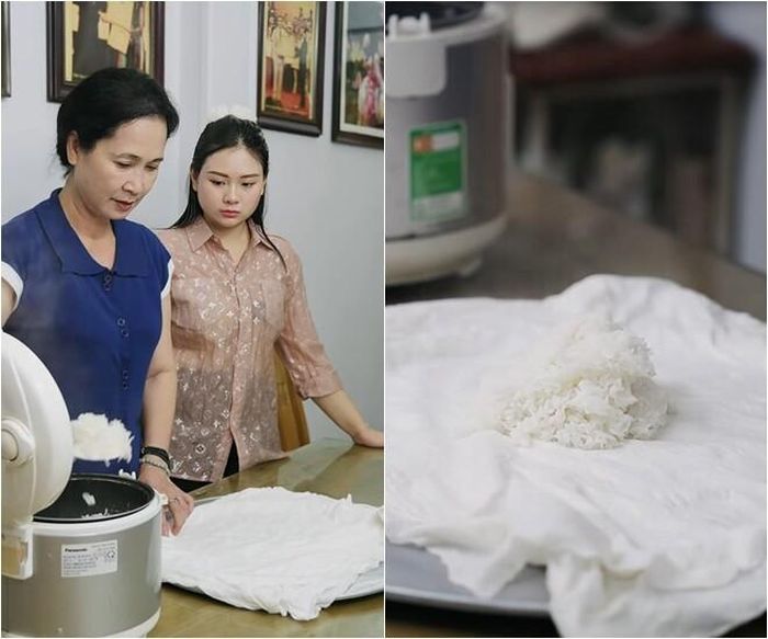 Cơm nóng dẻo được nấu chín và cho ra khăn trắng, để chuẩn bị nắm thành từng phần. Nữ nghệ sĩ khéo léo nắm tròn cơm trong khăn vải, giữ cho cơm không bị khô và giữ nhiệt tốt. Mỗi nắm cơm là một phần ký ức, được truyền lại qua từng thế hệ.