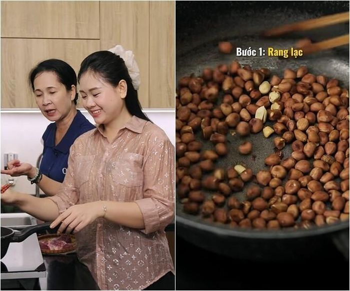 NSND Lan Hương hướng dẫn con dâu làm muối vừng theo cách quen thuộc. Lạc được rang trên lửa nhỏ, đảo đều tay để hạt chín giòn mà không bị cháy. Sau khi rang, lạc được ủ trong khăn một lúc cho nguội bớt rồi tách vỏ.