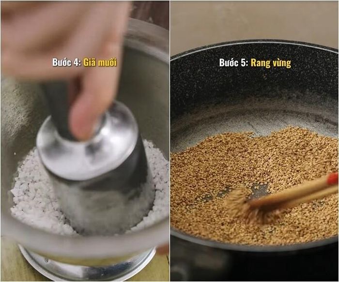 Bước quan trọng: Giã vừng. Vừng phải giã vừa tới, không nát quá, giữ được độ béo và mùi thơm tự nhiên. Thành phẩm là chén muối vừng vàng ươm, thơm lừng, trộn đều giữa vừng, lạc và muối rang. Món ăn nhìn đơn giản nhưng lại có thể làm ấm lòng cả một bữa cơm.