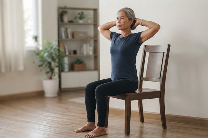 Duỗi cột sống ngực khi ngồi giúp người tập chủ động duỗi vùng lưng trên và mở rộng lồng ngực. Ảnh: AI.